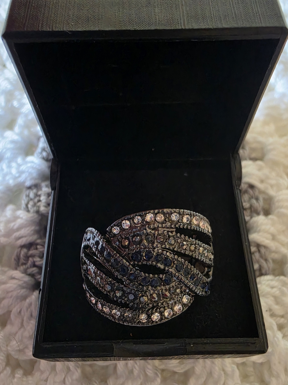 Statement Wave Cocktail Ring in Black and Silver Crystals